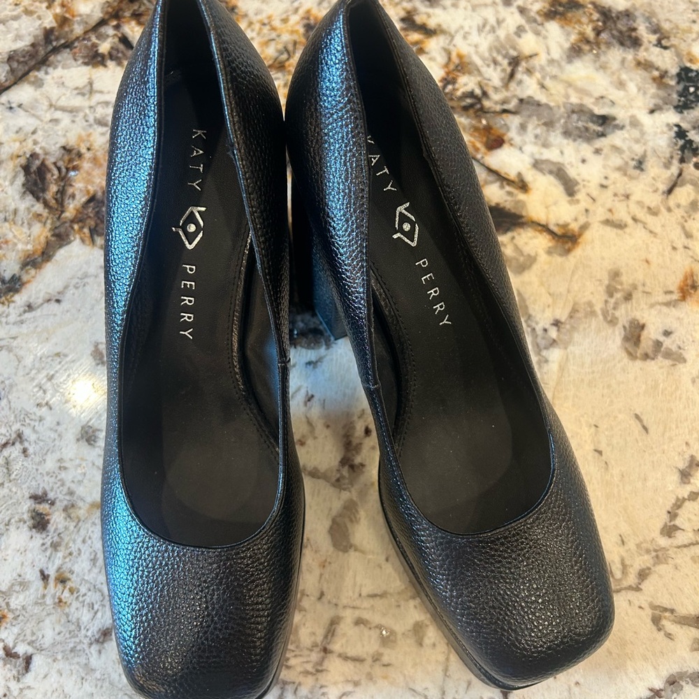 Katy Perry Collections Black Pebbled Leather Square-Toe Pumps